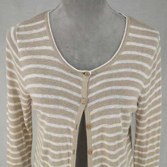 JNY Jones Sweater Womens Medium Beige White Linen Blend Cardigan Lightweight - Picture 7 of 12